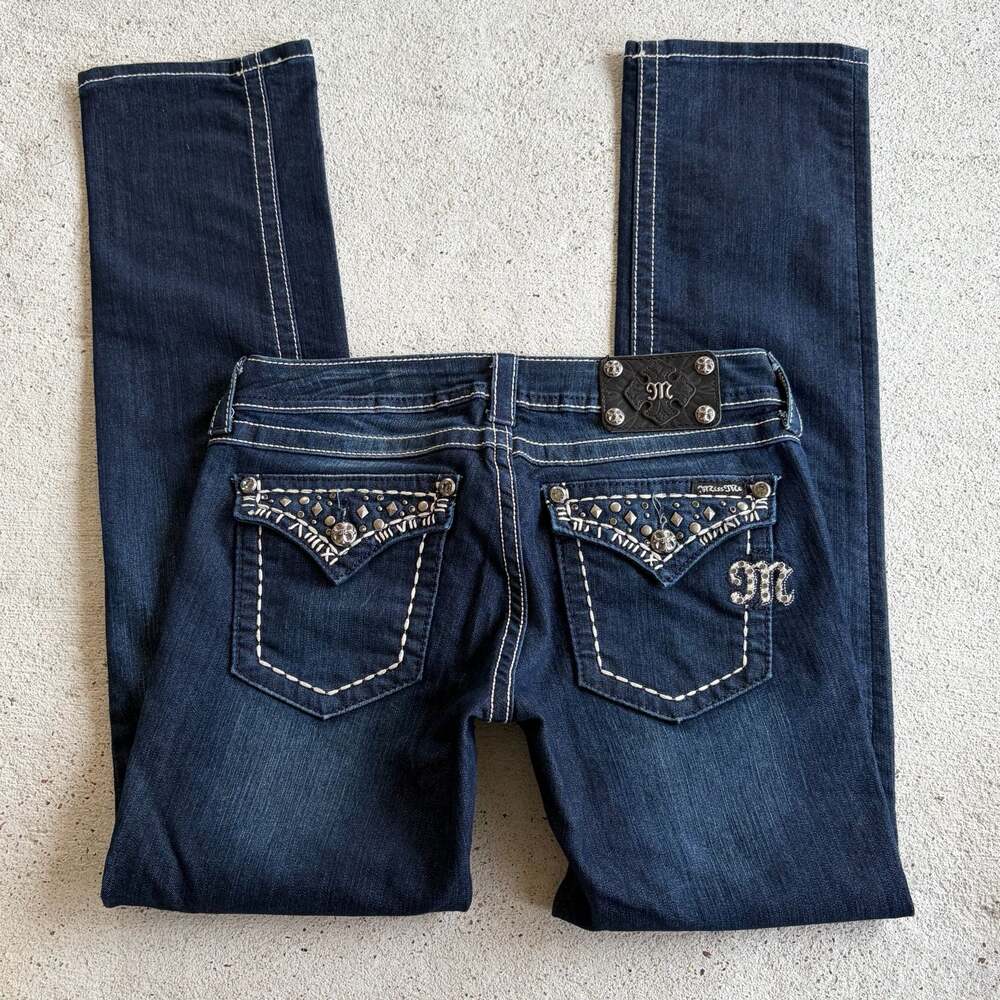 Miss Me LowRise Straight Dark Wash Embellished Pocket Jeans Size 29